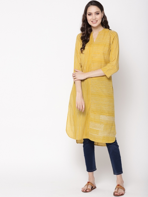 

Fabindia Women Mustard Yellow & Off-White Striped Straight Kurta