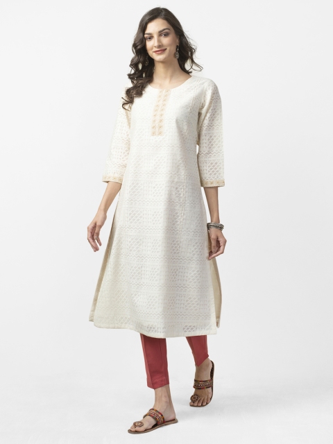 

Fabindia Women Off-White Woven Design Hand Embroidered A-Line Kurta