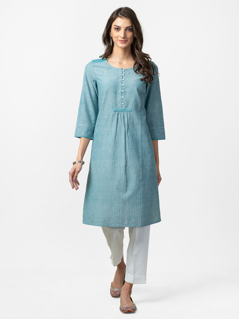 

Fabindia Women Blue & Off-White Self Striped A-Line Kurta