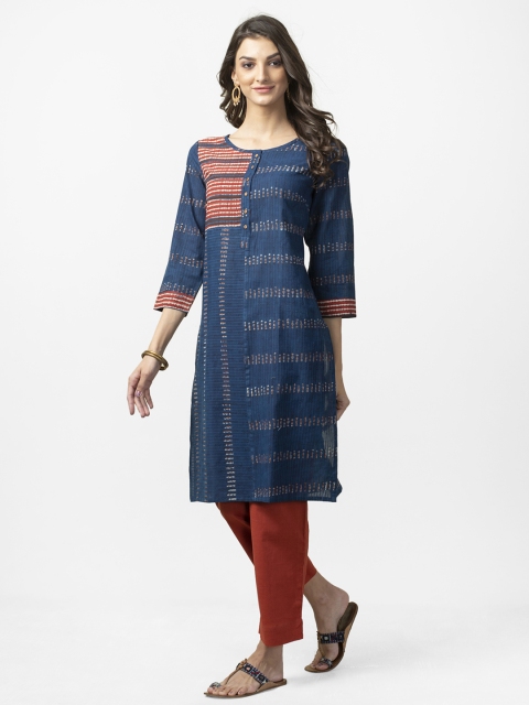 

Fabindia Women Navy Blue & Rust Red Handblock Print Straight Kurta