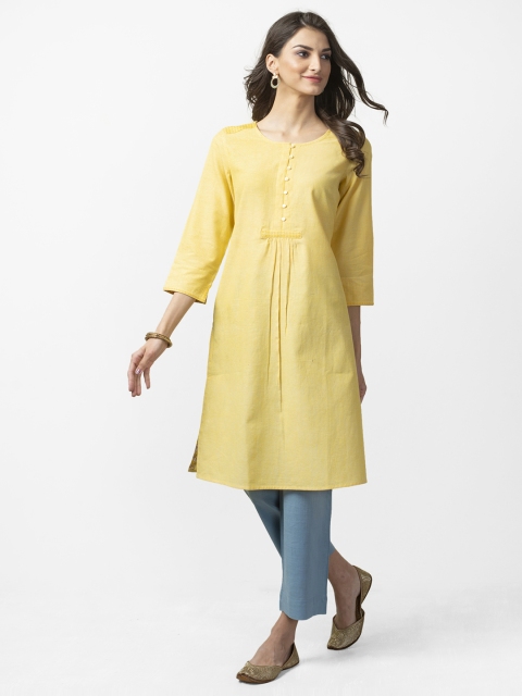 

Fabindia Women Yellow Self Striped A-Line Kurta