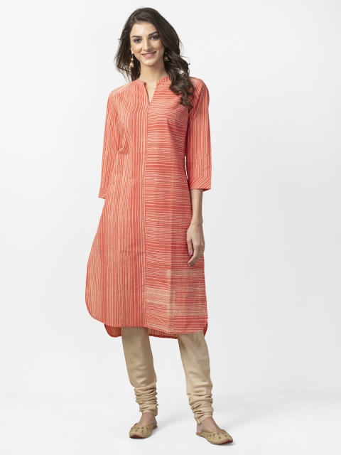

Fabindia Women Coral Orange & Beige Handblock Striped Straight Kurta