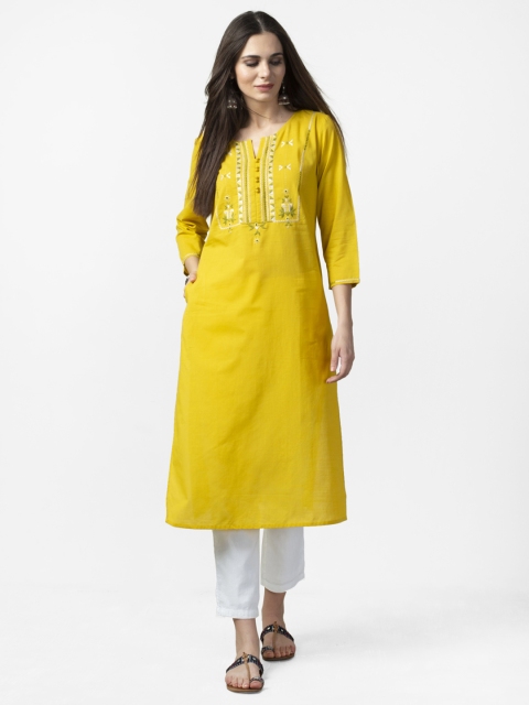

Fabindia Women Yellow Yoke Design Hand Embroidered Straight Kurta