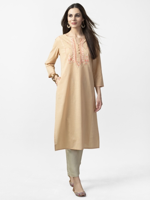 

Fabindia Women Beige Yoke Design Hand Embroidered Straight Kurta