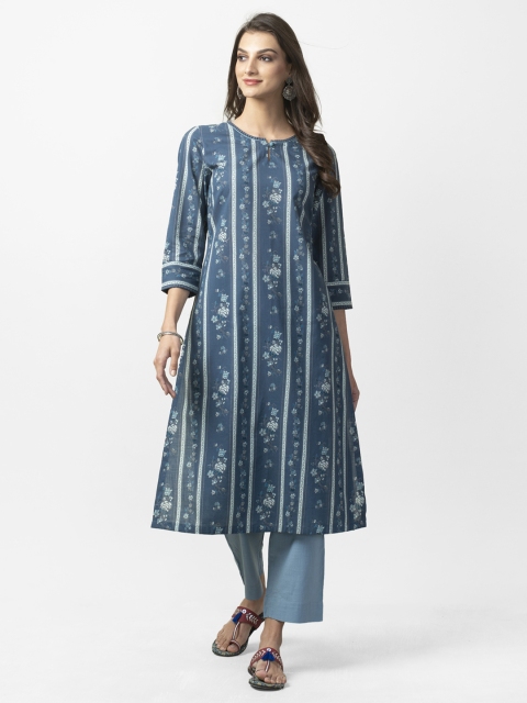 

Fabindia Women Blue Printed Slim Fit A-Line Kurta