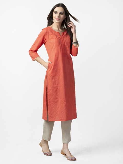 

Fabindia Women Coral Orange Self Striped Straight Kurta