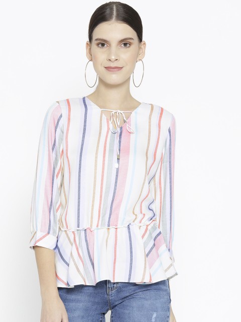 

Kraus Jeans Women White & Pink Candy Stripe Peplum Top