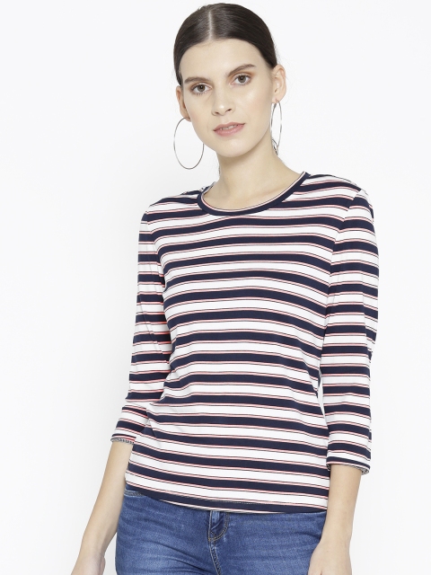 

Kraus Jeans Women Navy Blue & White Striped Round Neck T-shirt