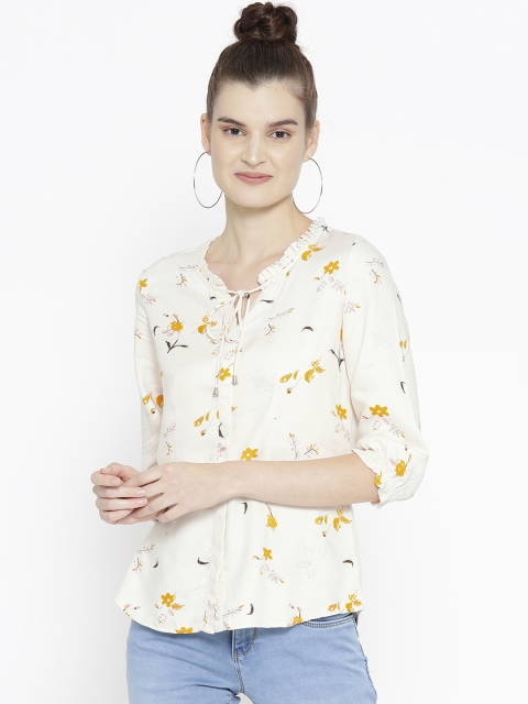 

Kraus Jeans Women Off-White & Mustard Yellow Floral Print Shirt Style Top