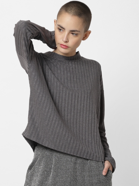 

ONLY Women Grey Self-Striped High Neck T-shirt