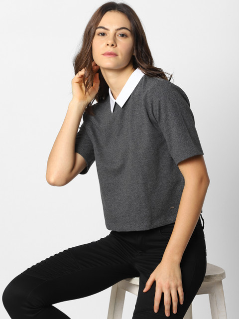 

ONLY Women Grey Solid Polo Collar T-shirt