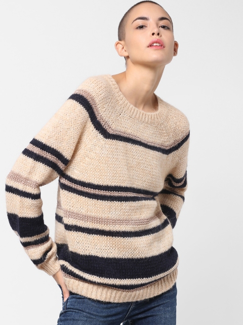 

ONLY Women Peach-Coloured & Black Striped Sweater