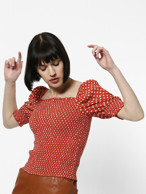 

ONLY Women Coral Red Printed Fitted Top