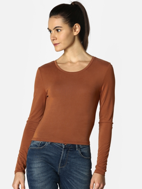 

ONLY Women Brown Solid Round Neck T-shirt