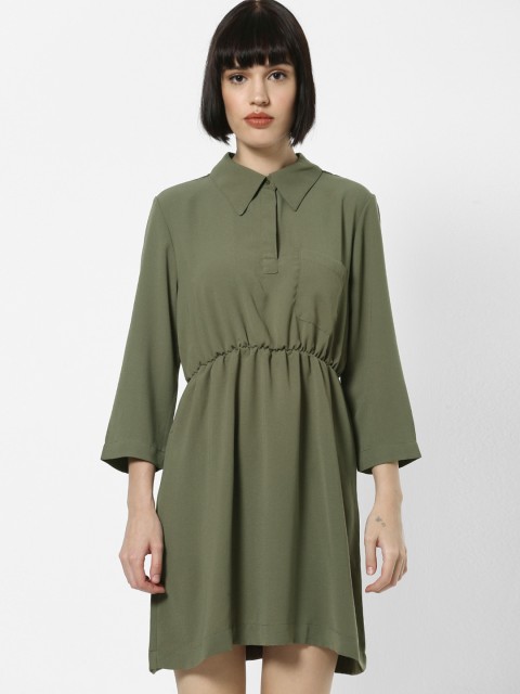 

ONLY Women Olive Green Solid Fit and Flare Dress