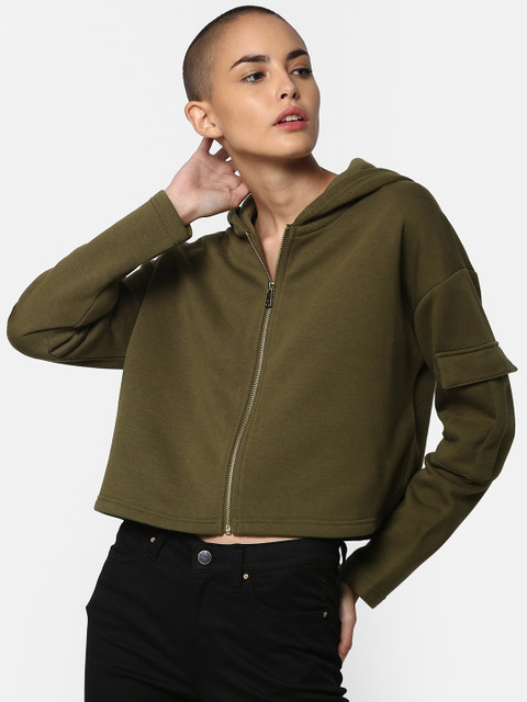 

ONLY Women Olive Green Solid Hooded Sweatshirt