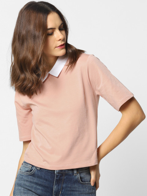 

ONLY Women Pink Solid Polo Collar T-shirt