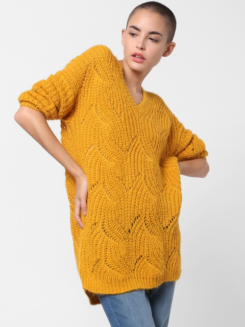 

ONLY Women Mustard Yellow Self Design Sweater