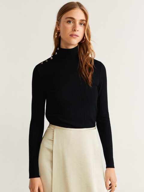 

MANGO Women Black Self-Striped Fitted Top