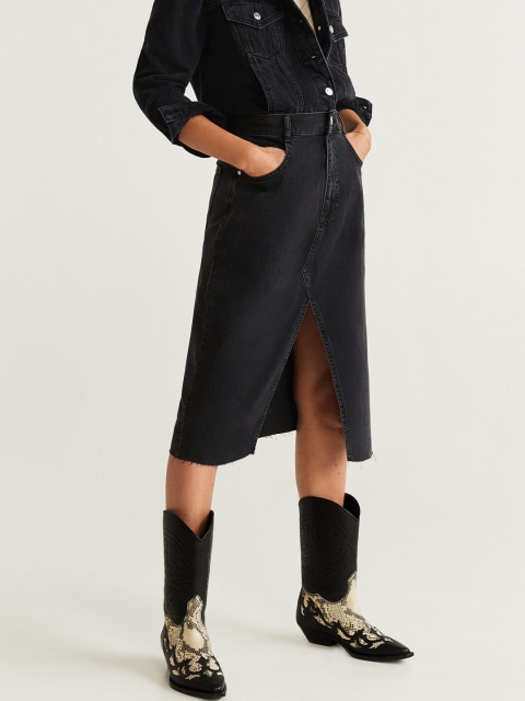 

MANGO Women Black Solid Midi Straight Denim Skirt