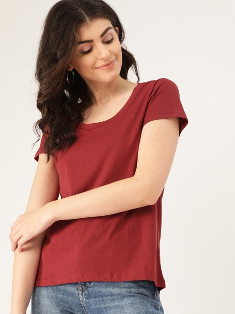 

MANGO Women Maroon Organic Cotton Solid Round Neck T-shirt