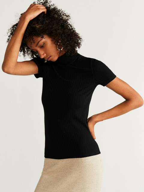 

MANGO Women Black Self-Striped Fitted Top