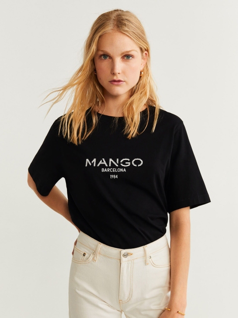

MANGO Women Black Printed Round Neck T-shirt