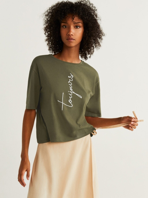 

MANGO Women Olive Green Solid Round Neck T-shirt