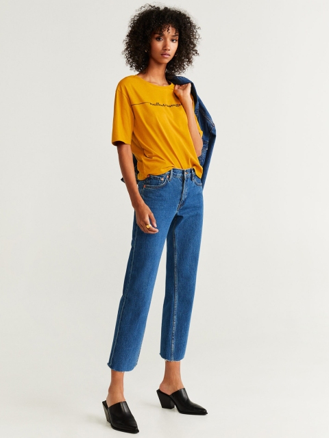 

MANGO Women Mustard Yellow Solid Round Neck T-shirt