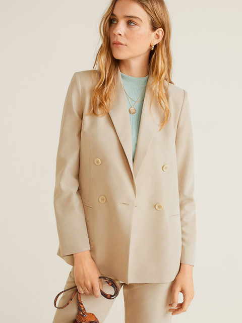 

MANGO Women Beige Solid Double-Breasted Formal Blazer
