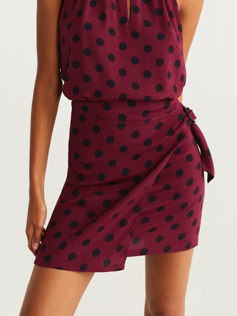

MANGO Burgundy & Black Polka Dot Print Mini Wrap Skirt