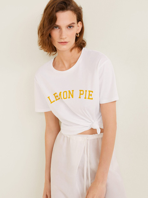 

MANGO Women White Printed Round Neck T-shirt