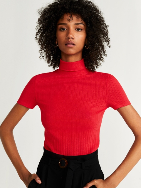 

MANGO Women Red Self-Striped Fitted Top
