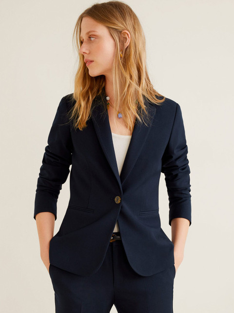 

MANGO Women Navy Solid Single-Breasted Casual Blazer, Navy blue