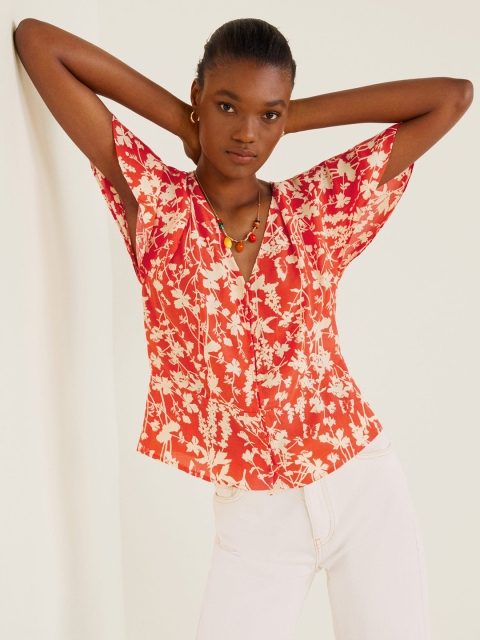 

MANGO Women Red & Cream-Coloured Floral Print Shirt-Style Top