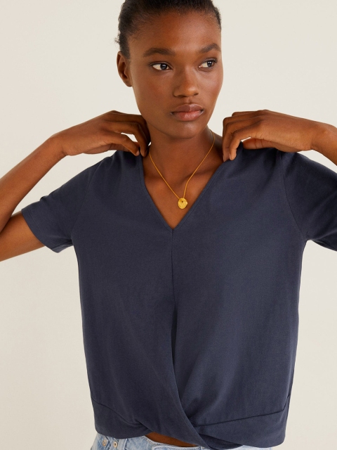 

MANGO Women Navy Blue Solid Twisted Top