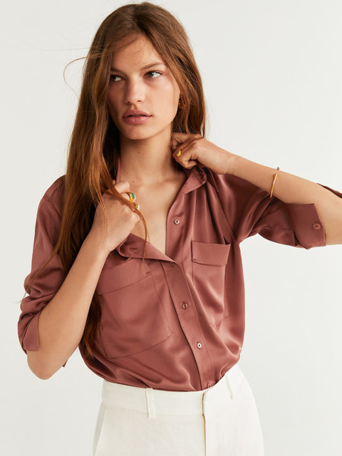 

MANGO Women Brown Regular Fit Solid Casual Shirt