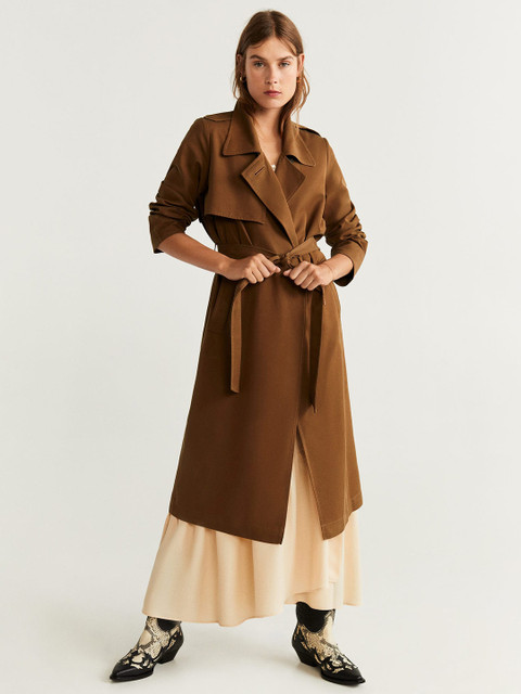 

MANGO Women Brown Solid Longline Overcoat