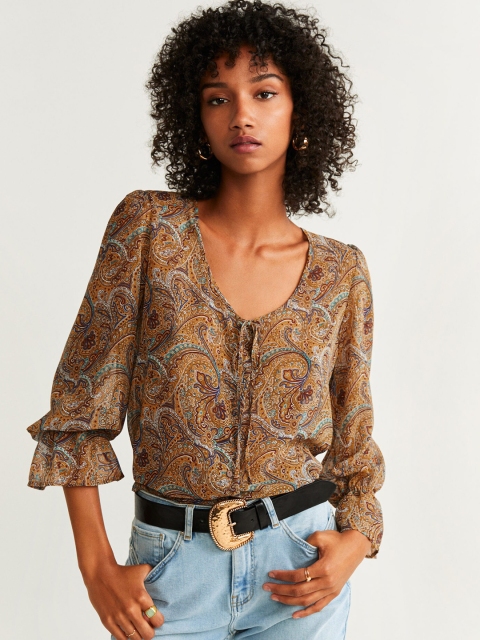 

MANGO Women Mustard Brown & Blue Semi-Sheer Printed Regular Top