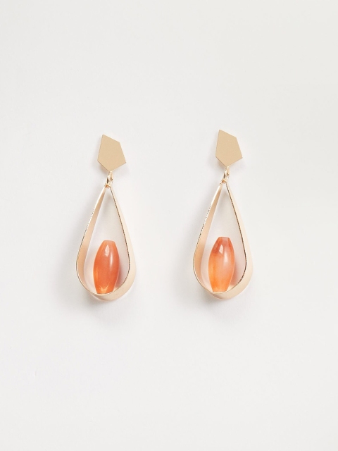 

MANGO Gold-Toned & Orange Beaded Teardrop Shaped Drop Earrings