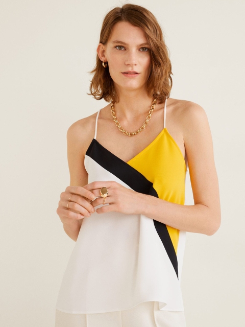 

MANGO Women White & Yellow Colourblocked Top