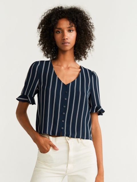 

MANGO Women Navy Blue & White Striped Shirt Style Top