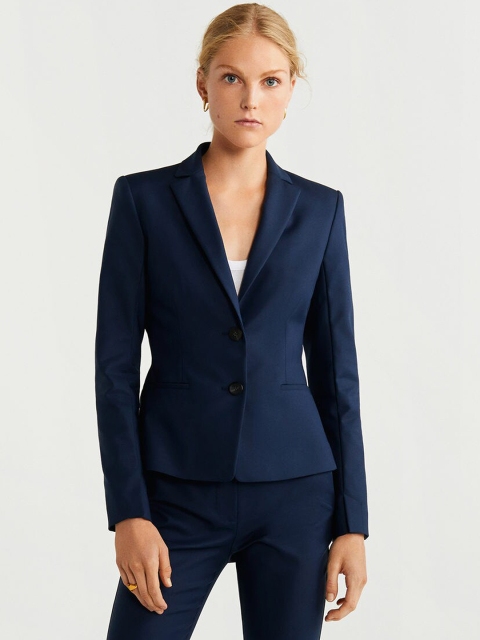 

MANGO Women Navy Blue Solid Regular Fit Single-Breasted Formal Blazer