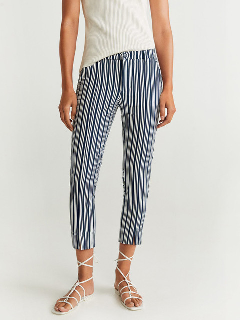 

MANGO Women Navy Blue & White Regular Fit Striped Regular Trousers