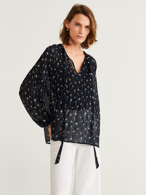 

MANGO Women Black Printed Sheer Top