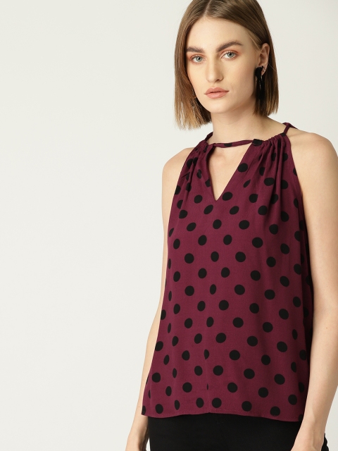 

MANGO Women Burgundy & Black Polka Dot Print Top