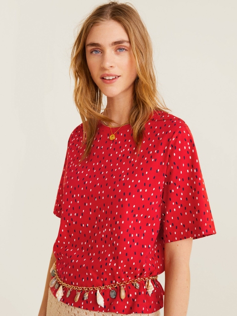 

MANGO Women Red & Navy Printed Round Neck Boxy T-shirt