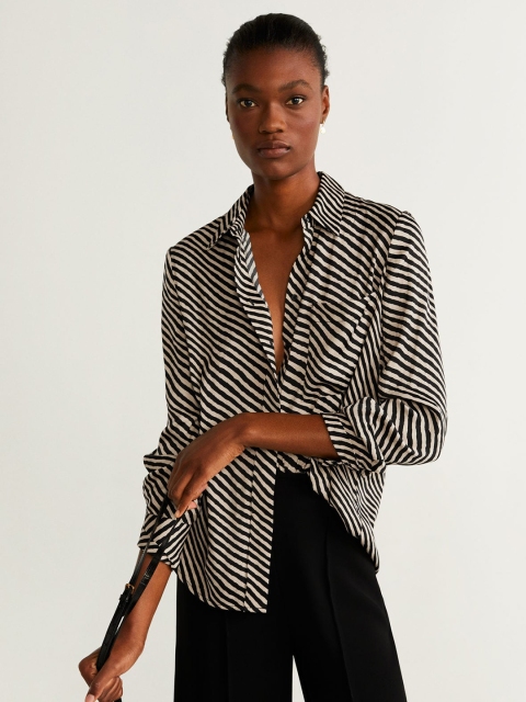 

MANGO Women Beige & Black Regular Fit Striped Casual Shirt