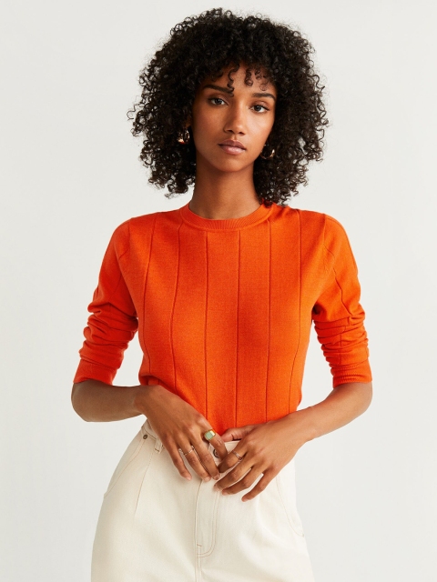 

MANGO Women Orange Self-Striped Sweater