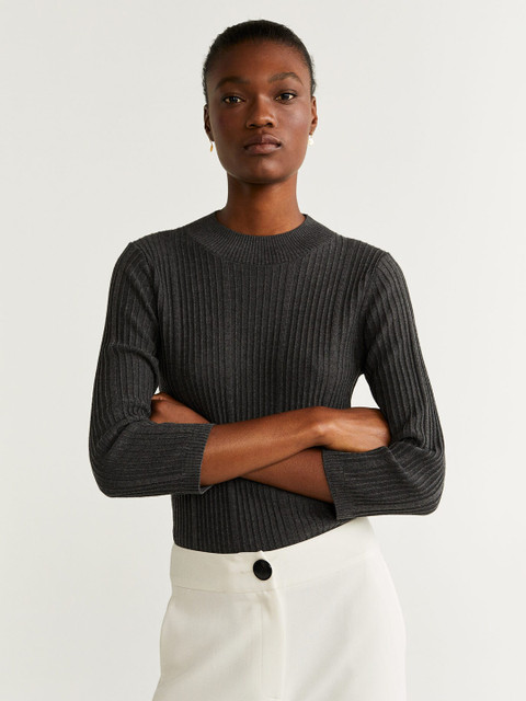 

MANGO Women Charcoal Grey Self-Striped Sweater